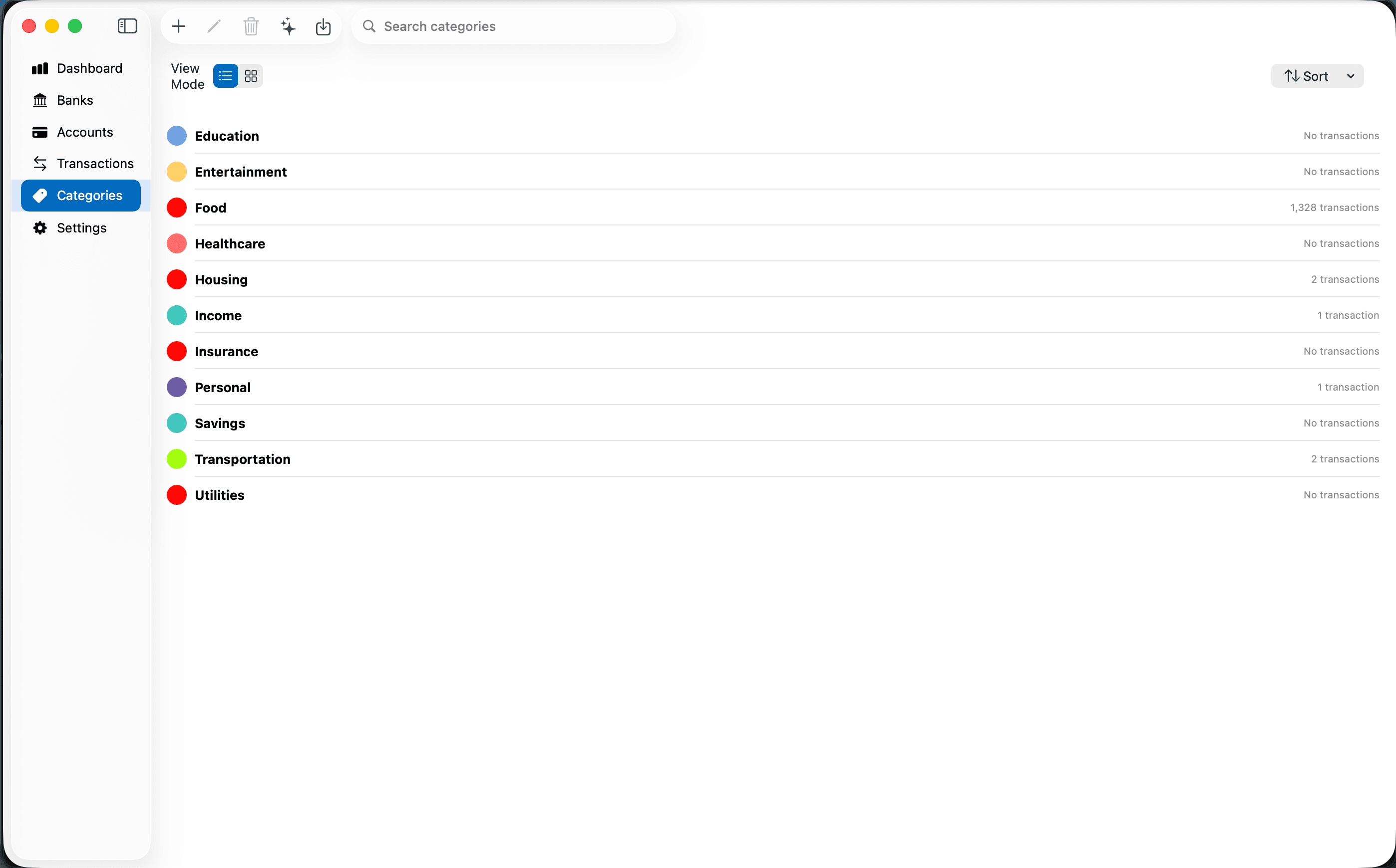 Canopy Finance Categories view showing spending by category