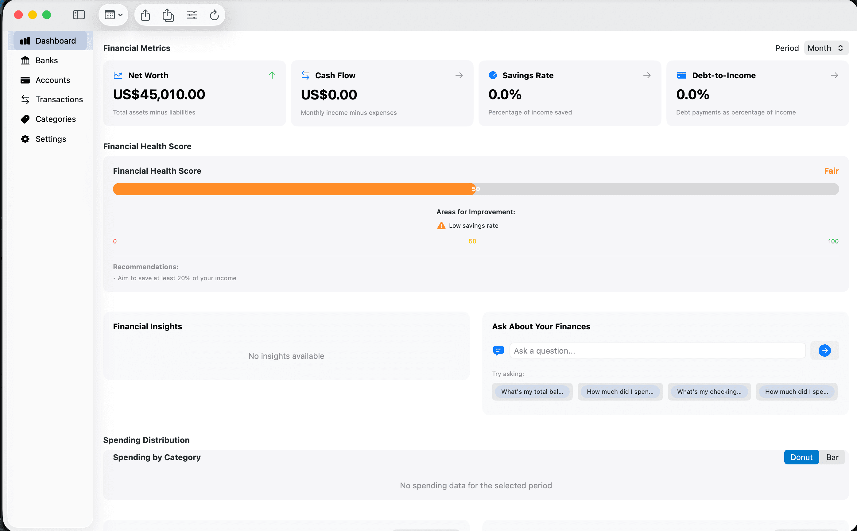 Canopy Finance Dashboard showing financial metrics, health score, and insights